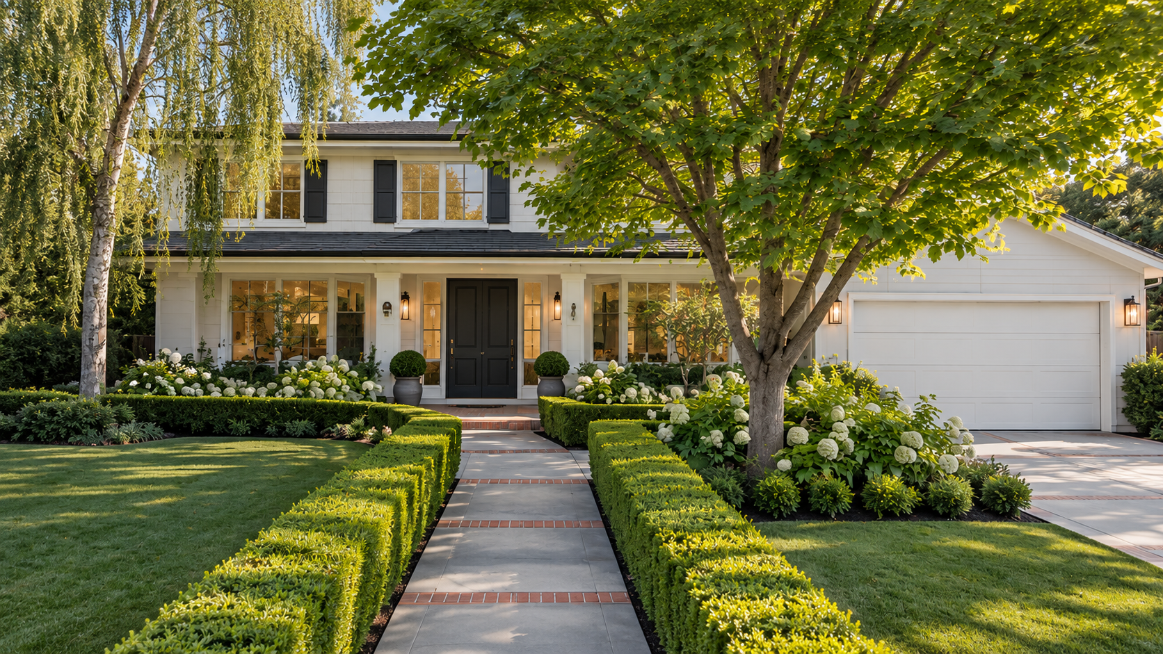 Landscaped Pleasanton residence with a dark charcoal front door