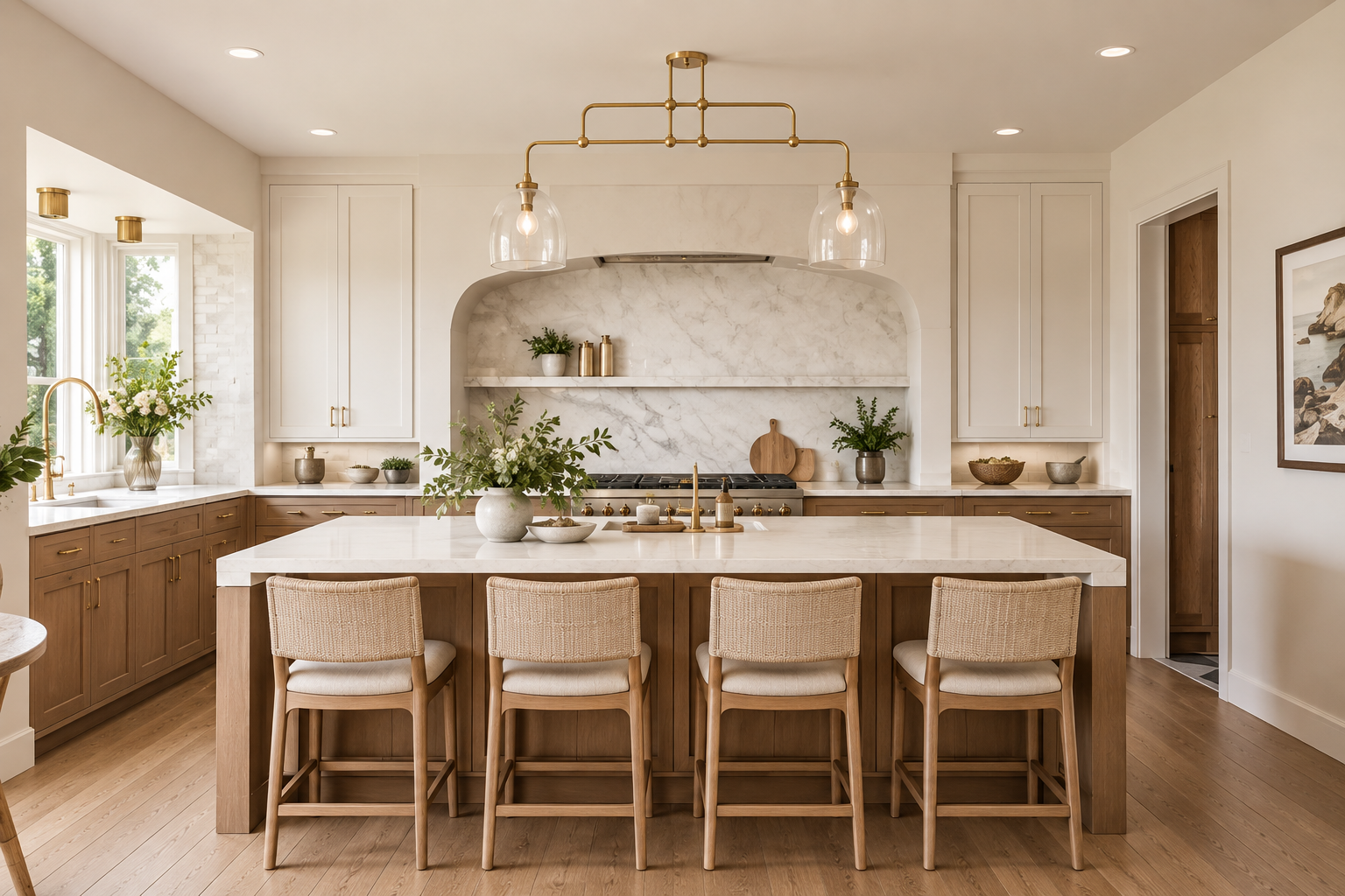 Warm renovated kitchen with custom cabinetry, marble backsplash and wood island